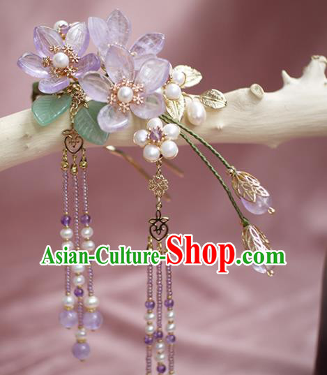 Chinese Ancient Princess Purple Tassel Hairpin Traditional Ming Dynasty Amethyst Grandiflorum Hair Stick