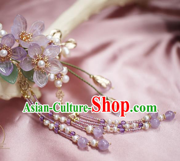Chinese Ancient Princess Purple Tassel Hairpin Traditional Ming Dynasty Amethyst Grandiflorum Hair Stick