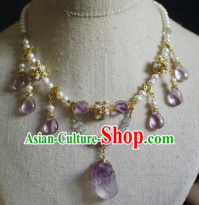 Chinese Traditional Hanfu Pearls Necklace Jewelry Ancient Ming Dynasty Princess Amethyst Necklet