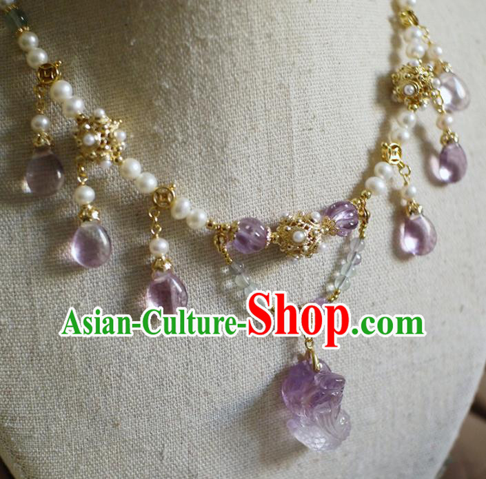 Chinese Traditional Hanfu Pearls Necklace Jewelry Ancient Ming Dynasty Princess Amethyst Necklet