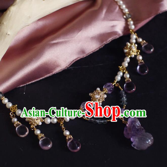 Chinese Traditional Hanfu Pearls Necklace Jewelry Ancient Ming Dynasty Princess Amethyst Necklet