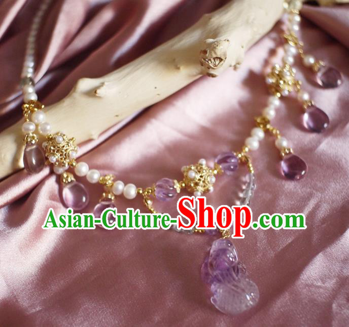 Chinese Traditional Hanfu Pearls Necklace Jewelry Ancient Ming Dynasty Princess Amethyst Necklet