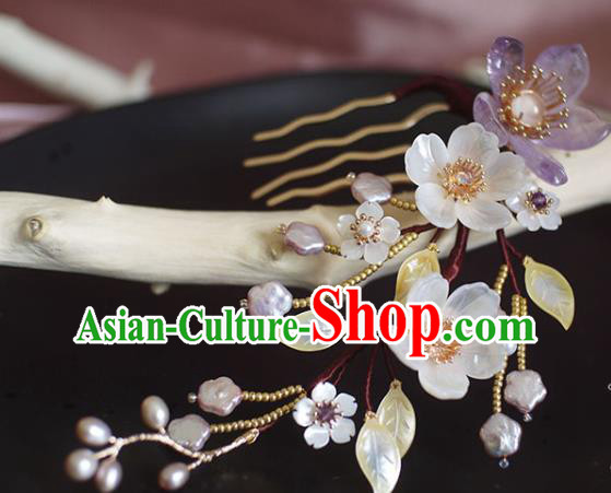 Chinese Ancient Princess Shell Flowers Hairpin Traditional Ming Dynasty Tassel Hair Comb