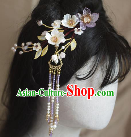 Chinese Ancient Princess Shell Flowers Hairpin Traditional Ming Dynasty Tassel Hair Comb