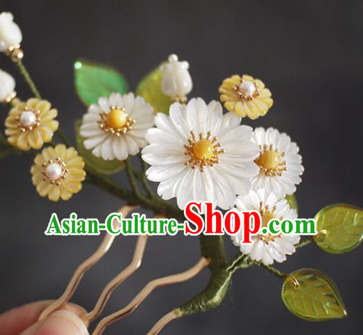 Chinese Ancient Palace Lady Pearls Hairpin Traditional Ming Dynasty Shell Daisy Hair Comb
