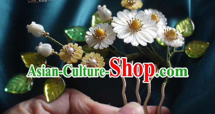 Chinese Ancient Palace Lady Pearls Hairpin Traditional Ming Dynasty Shell Daisy Hair Comb