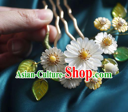 Chinese Ancient Palace Lady Pearls Hairpin Traditional Ming Dynasty Shell Daisy Hair Comb