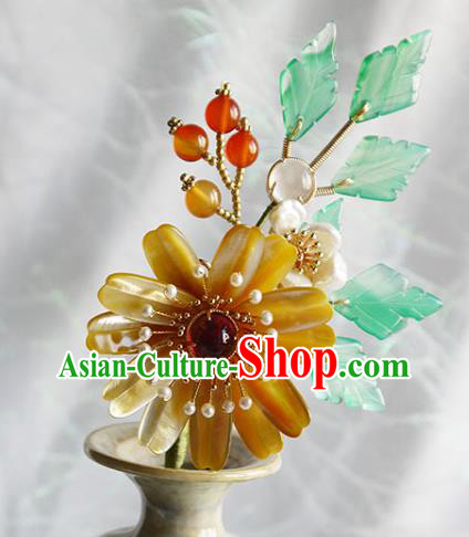 Chinese Ancient Young Lady Hairpin Traditional Ming Dynasty Yellow Shell Chrysanthemum Hair Stick
