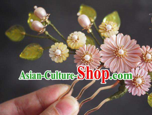Chinese Ancient Princess Pearls Hairpin Traditional Ming Dynasty Pink Shell Daisy Hair Comb