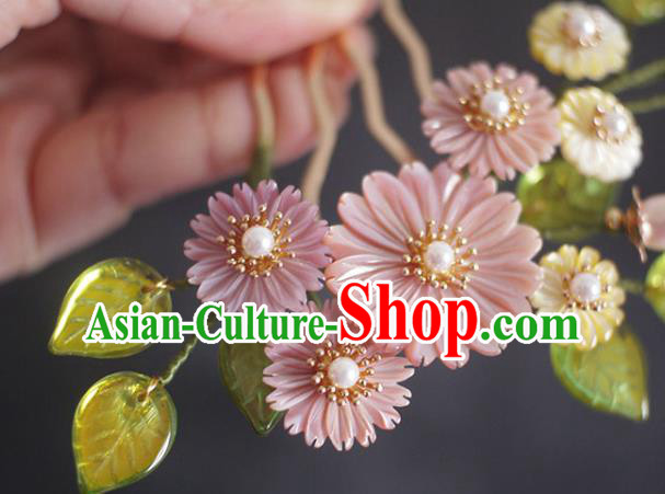 Chinese Ancient Princess Pearls Hairpin Traditional Ming Dynasty Pink Shell Daisy Hair Comb