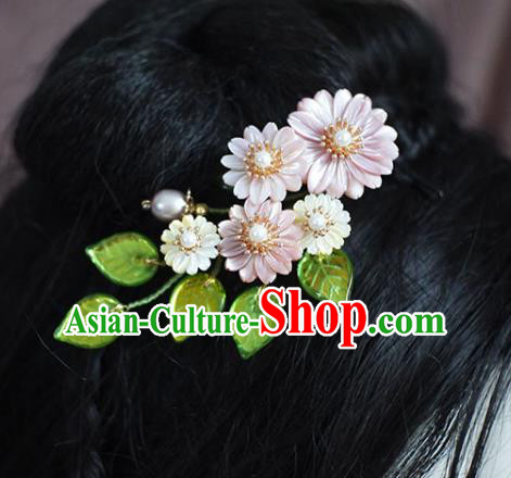 Chinese Ancient Princess Pearls Hairpin Traditional Ming Dynasty Pink Shell Daisy Hair Comb