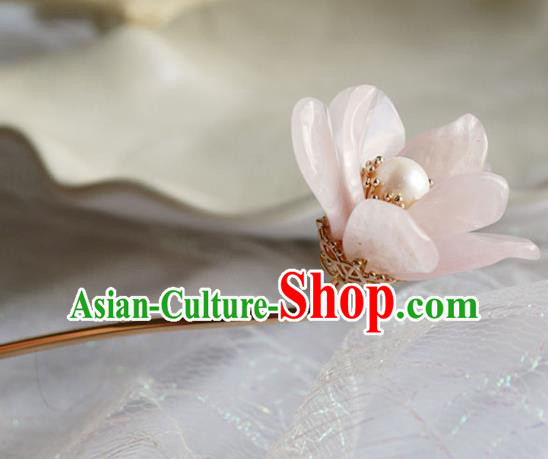 Chinese Ancient Young Beauty Hairpin Traditional Ming Dynasty Rose Quartz Mangnolia Hair Stick