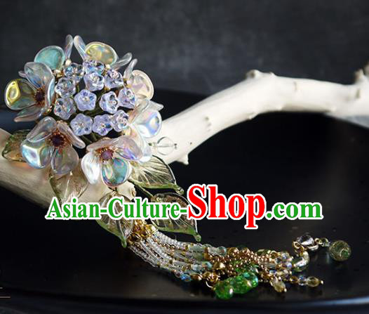 Chinese Traditional Ming Dynasty Blue Hydrangea Hair Stick Ancient Imperial Concubine Beads Tassel Hairpin