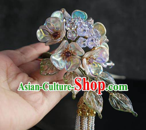 Chinese Traditional Ming Dynasty Blue Hydrangea Hair Stick Ancient Imperial Concubine Beads Tassel Hairpin