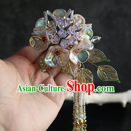Chinese Traditional Ming Dynasty Blue Hydrangea Hair Stick Ancient Imperial Concubine Beads Tassel Hairpin