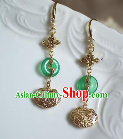 China Handmade Jade Peace Buckle Earrings Traditional Ming Dynasty Golden Lock Ear Jewelry