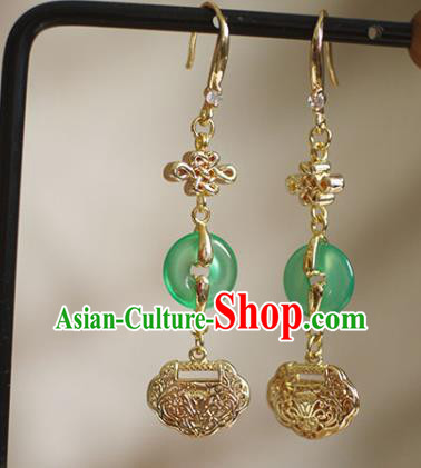 China Handmade Jade Peace Buckle Earrings Traditional Ming Dynasty Golden Lock Ear Jewelry