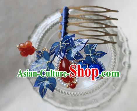 Chinese Traditional Ming Dynasty Hair Stick Ancient Princess Blue Gourd Leaf Hair Comb