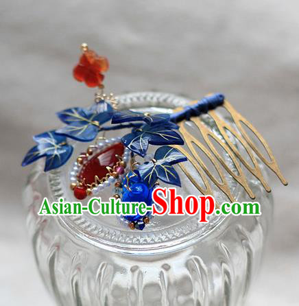 Chinese Traditional Ming Dynasty Hair Stick Ancient Princess Blue Gourd Leaf Hair Comb