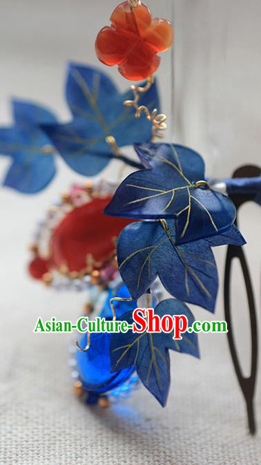 Chinese Traditional Ming Dynasty Hair Stick Ancient Princess Blue Gourd Leaf Hair Comb