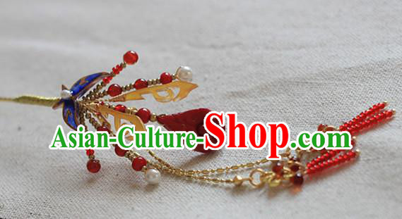 Chinese Traditional Ming Dynasty Butterfly Hair Stick Ancient Palace Lady Red Beads Tassel Hairpin