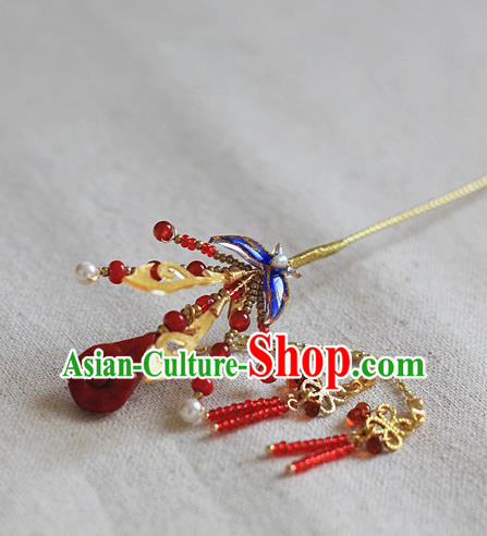 Chinese Traditional Ming Dynasty Butterfly Hair Stick Ancient Palace Lady Red Beads Tassel Hairpin