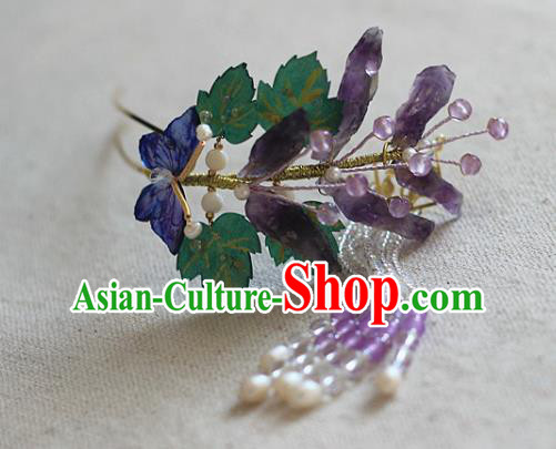 Chinese Ancient Princess Amethyst Iris Hairpin Traditional Ming Dynasty Beads Tassel Hair Stick