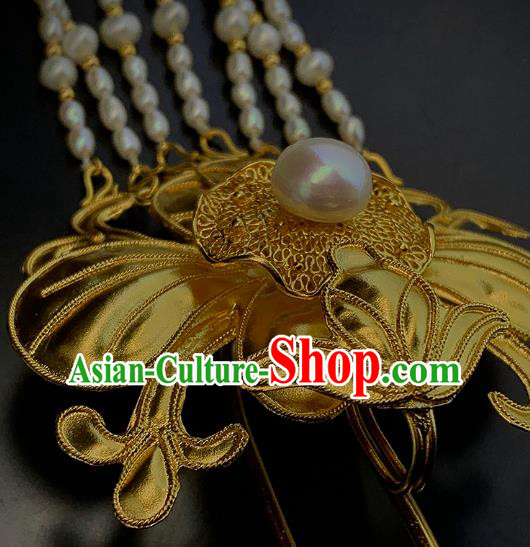 Chinese Traditional Ming Dynasty Pearls Tassel Hairpin Ancient Empress Golden Lotus Leaf Hair Stick