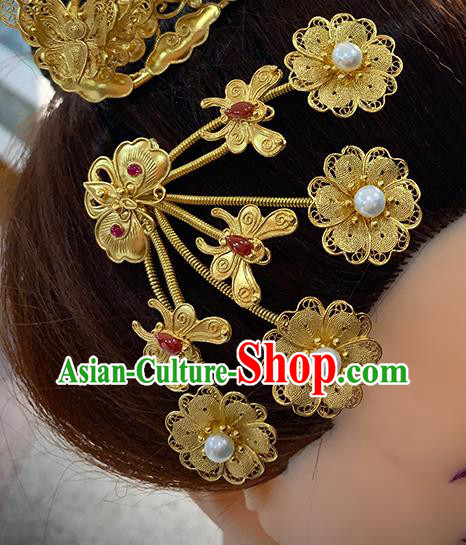 Chinese Traditional Ming Dynasty Wedding Pearls Hairpin Ancient Empress Golden Butterfly Hair Stick