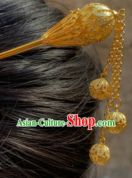 Chinese Ancient Court Woman Hair Stick Traditional Ming Dynasty Golden Lotus Tassel Hairpin
