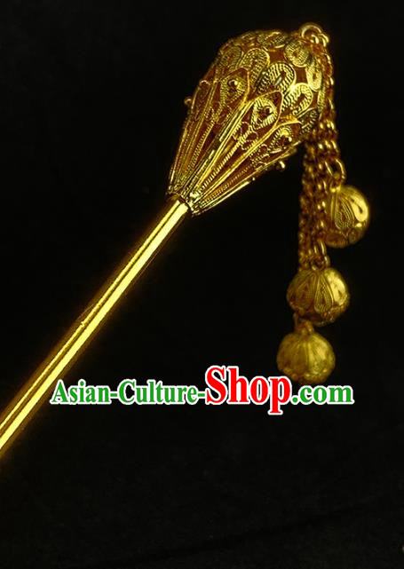 Chinese Ancient Court Woman Hair Stick Traditional Ming Dynasty Golden Lotus Tassel Hairpin