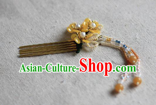 Chinese Ancient Court Lady Pearls Hairpin Traditional Ming Dynasty Yellow Plum Blossom Hair Comb