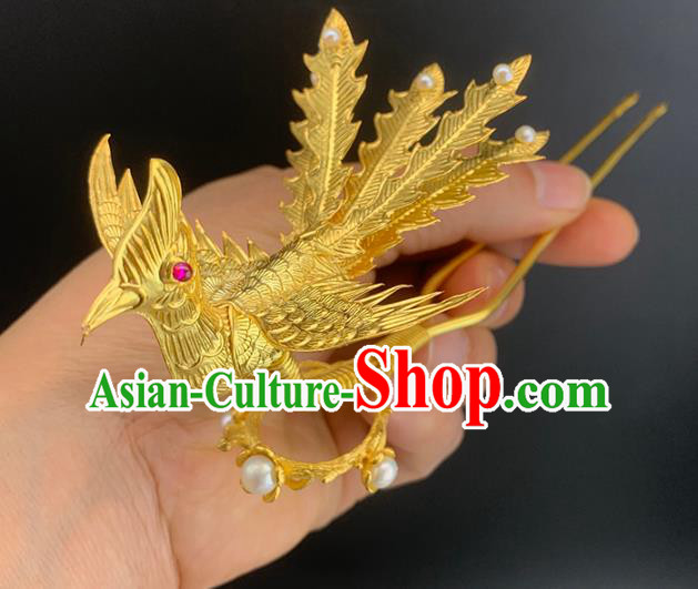 Chinese Ancient Queen Tassel Hair Stick Traditional Ming Dynasty Empress Golden Phoenix Hairpin