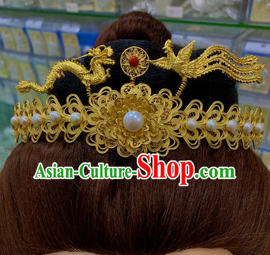 Chinese Ancient Court Empress Pearls Hair Crown Traditional Ming Dynasty Golden Phoenix Dragon Hairpin