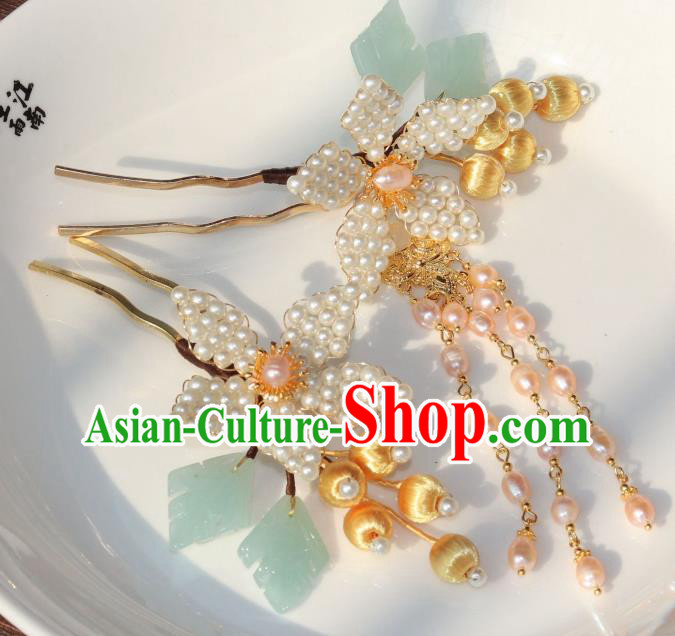 Chinese Ancient Palace Lady Peach Blossom Hairpin Traditional Ming Dynasty Princess Pearls Tassel Hair Stick