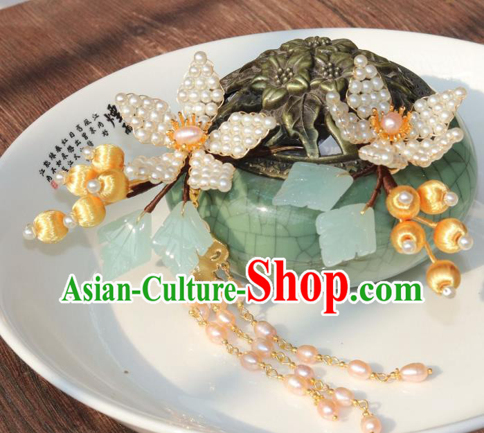 Chinese Ancient Palace Lady Peach Blossom Hairpin Traditional Ming Dynasty Princess Pearls Tassel Hair Stick