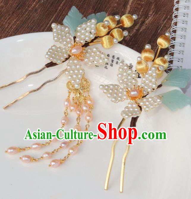 Chinese Ancient Palace Lady Peach Blossom Hairpin Traditional Ming Dynasty Princess Pearls Tassel Hair Stick