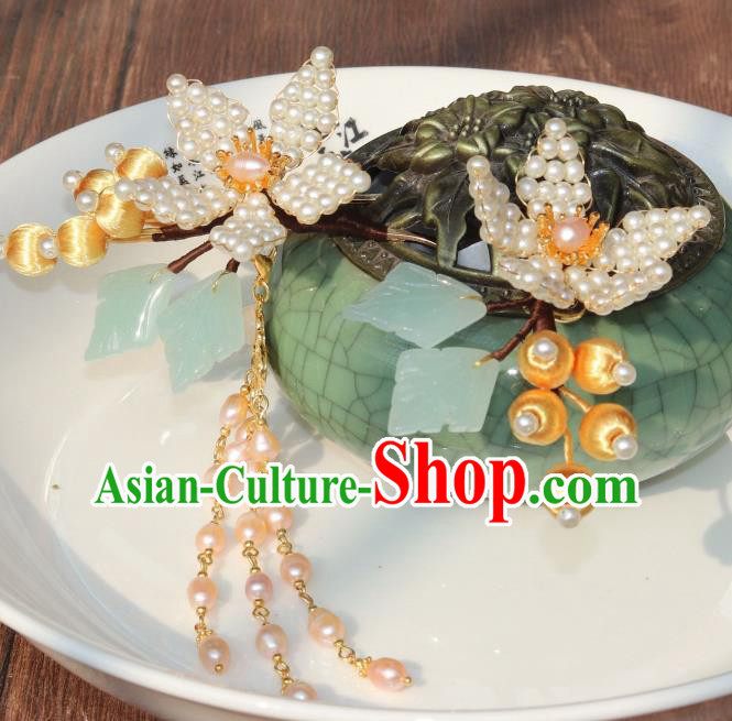 Chinese Ancient Palace Lady Peach Blossom Hairpin Traditional Ming Dynasty Princess Pearls Tassel Hair Stick