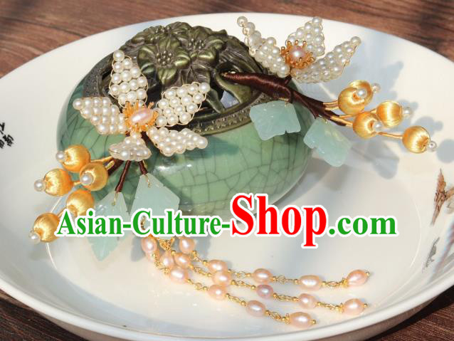 Chinese Ancient Palace Lady Peach Blossom Hairpin Traditional Ming Dynasty Princess Pearls Tassel Hair Stick