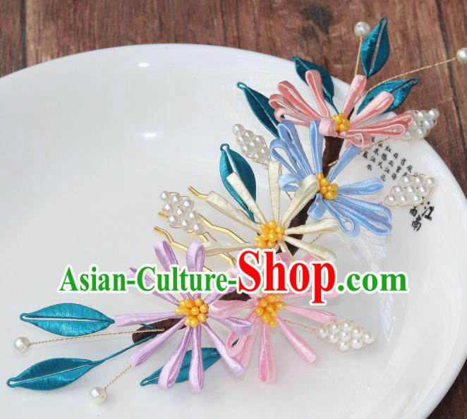 Chinese Ancient Princess Pearls Hairpin Traditional Song Dynasty Silk Chrysanthemum Hair Comb