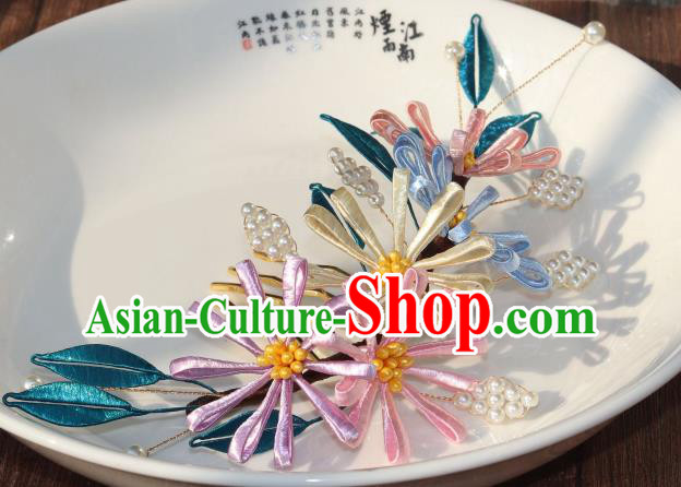 Chinese Ancient Princess Pearls Hairpin Traditional Song Dynasty Silk Chrysanthemum Hair Comb