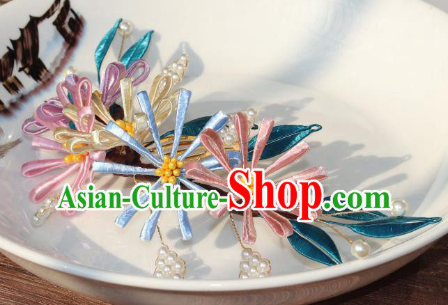 Chinese Ancient Princess Pearls Hairpin Traditional Song Dynasty Silk Chrysanthemum Hair Comb