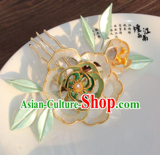 Chinese Ancient Palace Lady Hairpin Traditional Ming Dynasty Green Silk Peony Hair Comb