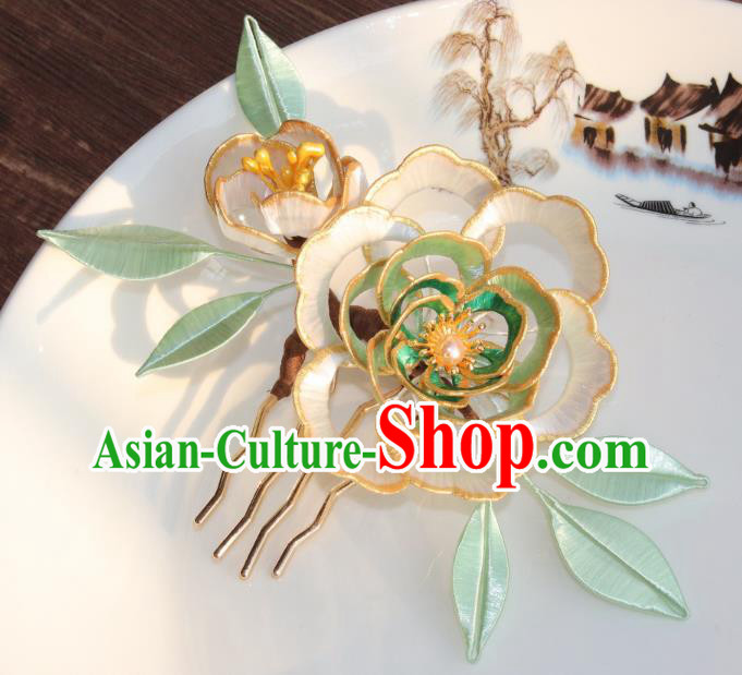Chinese Ancient Palace Lady Hairpin Traditional Ming Dynasty Green Silk Peony Hair Comb