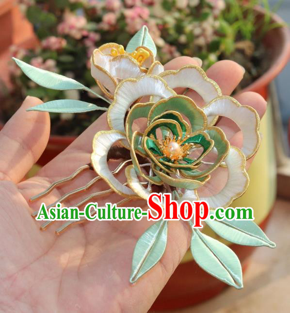 Chinese Ancient Palace Lady Hairpin Traditional Ming Dynasty Green Silk Peony Hair Comb