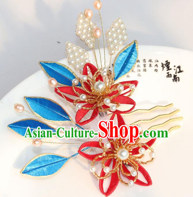 Chinese Ancient Princess Pearls Hairpin Traditional Ming Dynasty Red Silk Lily Flowers Hair Comb