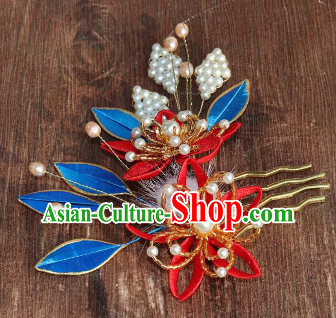 Chinese Ancient Princess Pearls Hairpin Traditional Ming Dynasty Red Silk Lily Flowers Hair Comb
