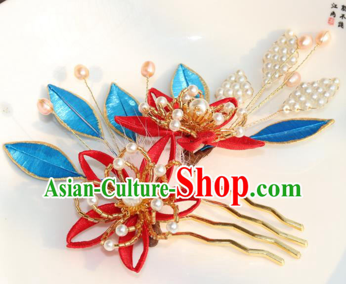Chinese Ancient Princess Pearls Hairpin Traditional Ming Dynasty Red Silk Lily Flowers Hair Comb