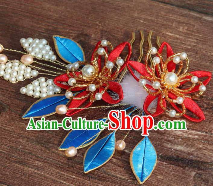 Chinese Ancient Princess Pearls Hairpin Traditional Ming Dynasty Red Silk Lily Flowers Hair Comb