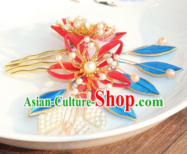 Chinese Ancient Princess Pearls Hairpin Traditional Ming Dynasty Red Silk Lily Flowers Hair Comb